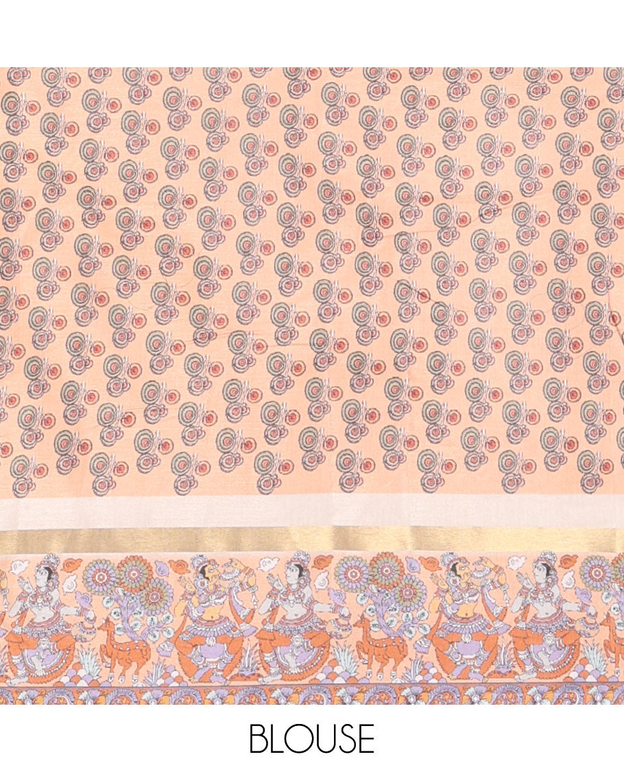 Cream kalamkari printed dola saree with kalamkari printed border & kalamkari fancy pallu along with printed blouse
