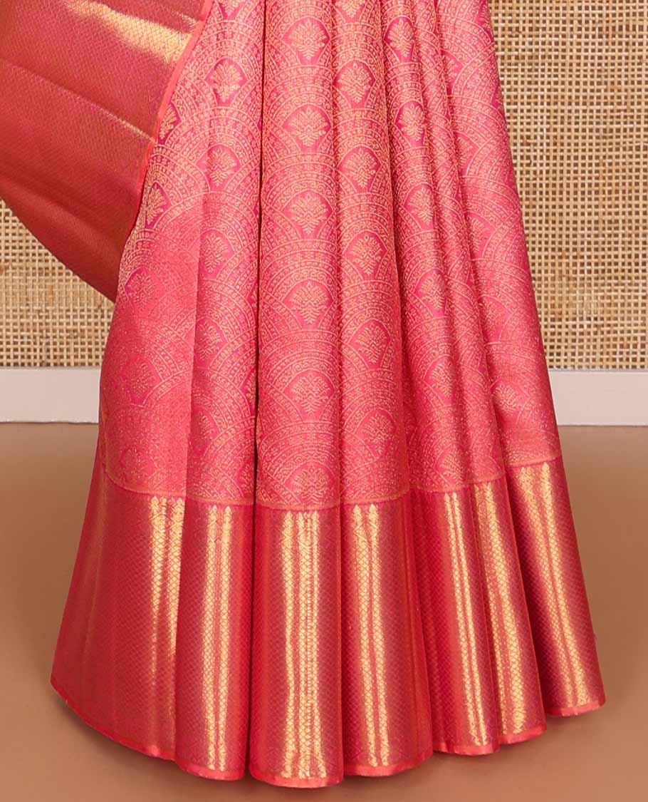 Pink floral design silk saree with self border of thilakam mokku, mayil kann design & zari design pallu