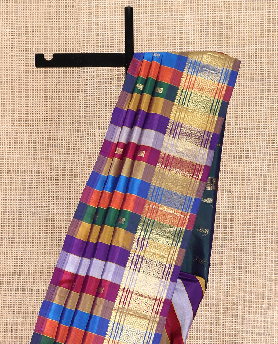 Multi-Color Kanchipuram Silk Saree, Embellished with Stripes and Zari Buttas on Its Body, Highlighted by One-Sided Zari Border of Thilakam Mokku, Banaras, Muthu, and Jaal Designs, Pallu Features Zari Designs, and Comes Without a Blouse