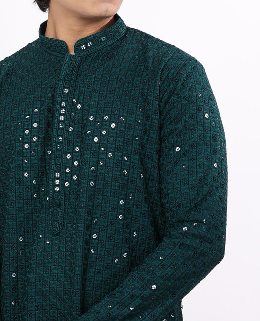 Bottle green geometric embroidery with sequins work mandarin collar & full-sleeve long raw silk kurta