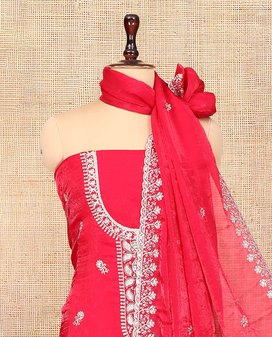 Magenta Fendi Organza Material Churidar Features Embroidered Top, a Santoon Bottom, a Scallop Embroidered Dupatta