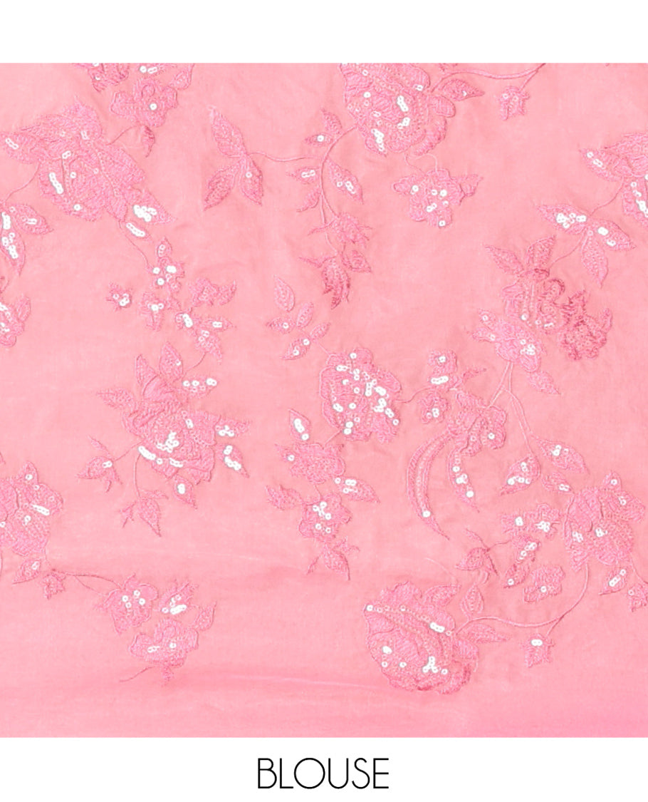 Pink Organza Saree, Prettified with Floral Vine Sequins-Thread Embroidery, Scallop-Embroidered Border, and a Matching Blouse