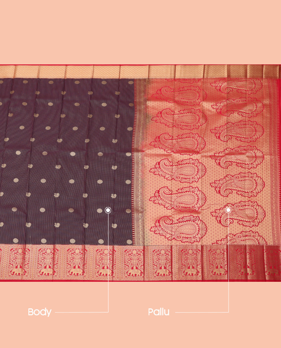 Maroon Budget Silk Saree, Adorned with Peacock-Chakram Buttas and Stripes, a Contrast Elephant Border, Paisleys Pallu, and a Contrast Blouse