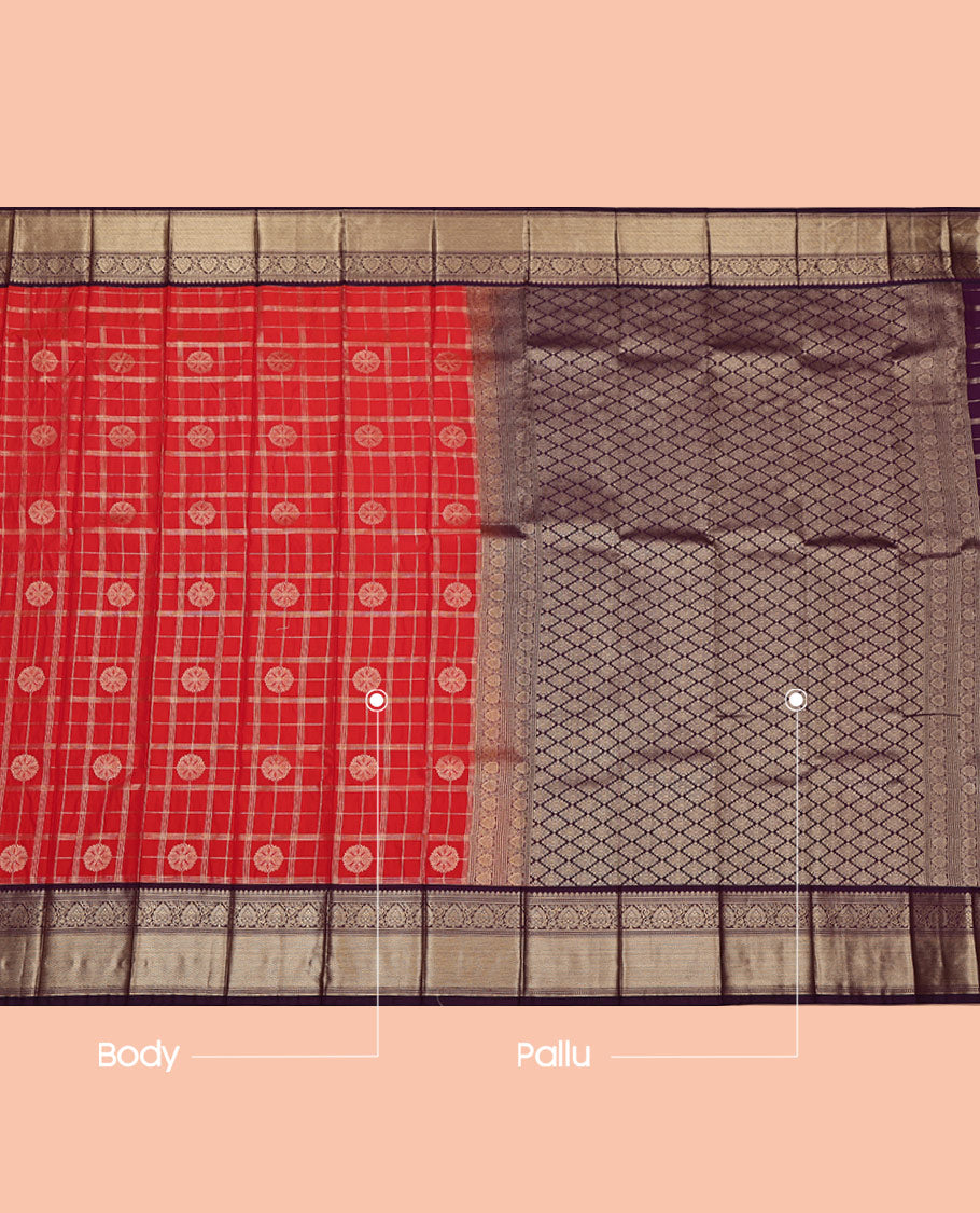 Red Budget Silk Saree, Elegantly Highlighted with Zari Checked Design on Its Body, Complemented by Contrast Traditional Zari Design Border, Grand Jaal Pallu, and Paired with a Contrast Blouse