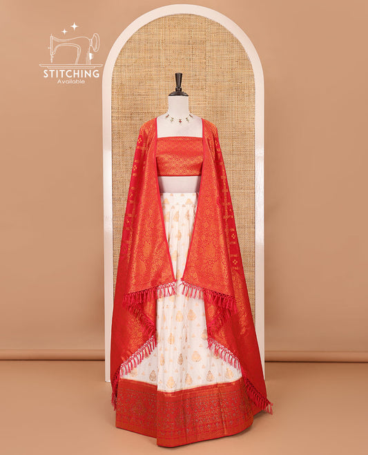 Cream georgette crepe halfsaree,zari buttas & traditional Swarovski stonework red border skirt, jacquard blouse & banarasi jacquard dhavani