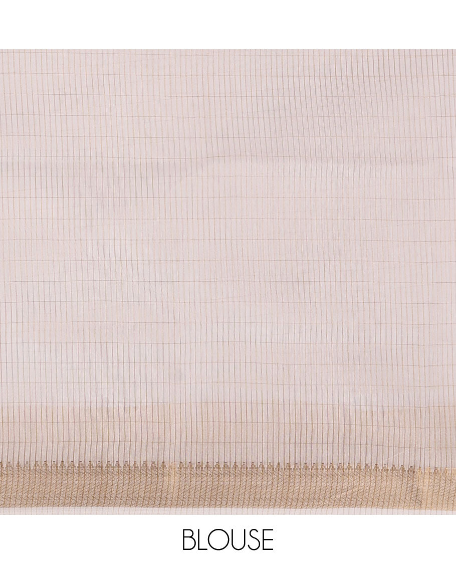 Cream checked Mercerised cotton saree, temple zari self-border, striped pallu & small striped blouse