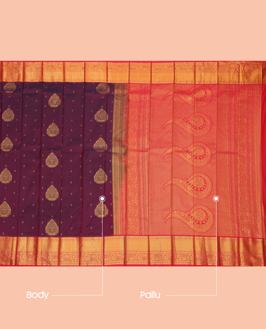 Maroon Budget Silk Saree, Woven with Zari Buttas, a Contrast Traditional Zari Border, Grand Pallu, and a Contrast Blouse