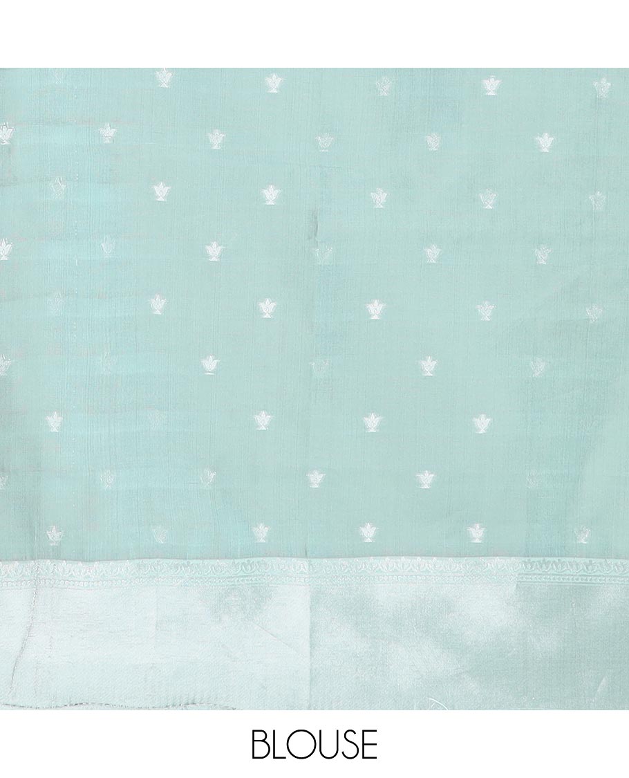 Light green jaal design litchi soft silk saree with silver weaving border & silver zari rich pallu along with butta design blouse