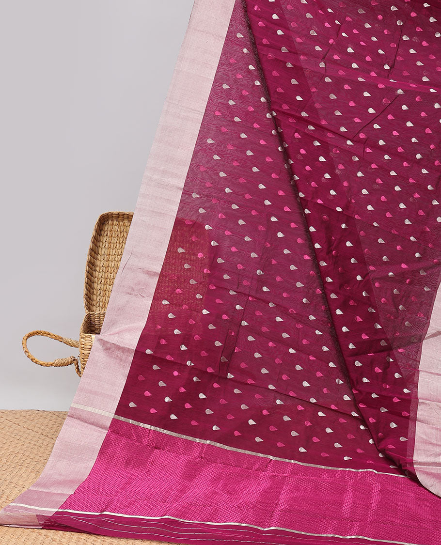 Dark pink leaf motifs printed chanderi cotton saree with contrast plain border & pallu of jaal design
