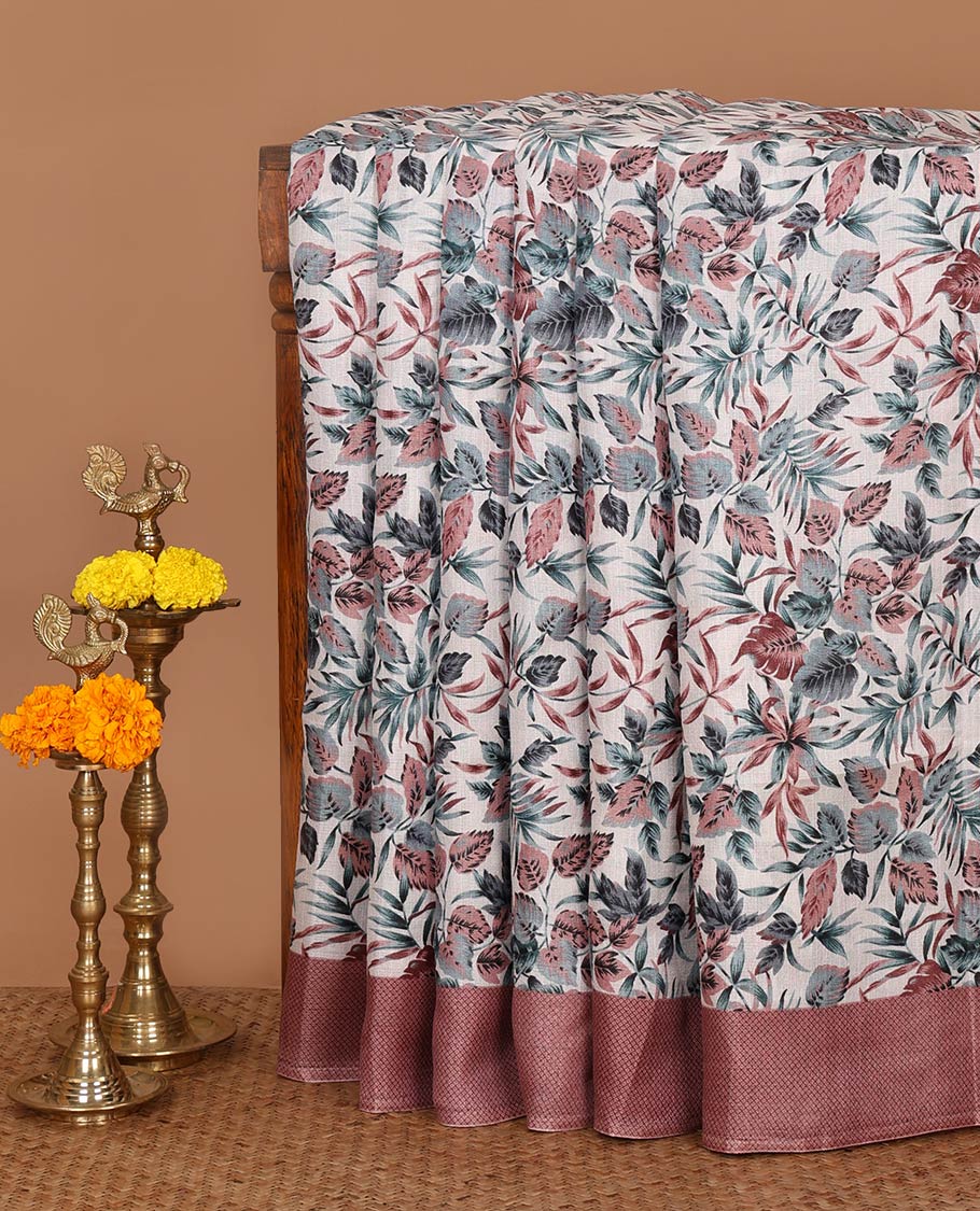 White tropical floral printed khadi cotton saree,contrast brown printed border,floral-geometric printed pallu & tropical floral print blouse