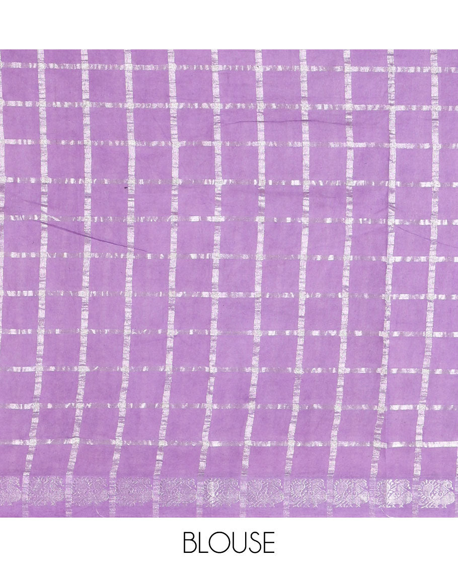 Deep purple zari checked sungudi cotton saree, contrast lavender border of zari peacock motifs & checked peacock motif lavender blouse