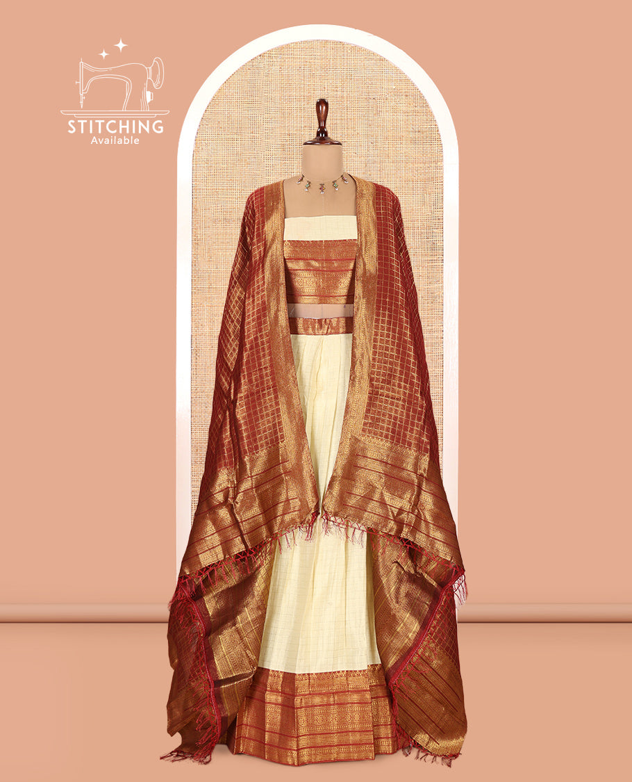 Cream-Maroon Semi-Silk Half-Saree