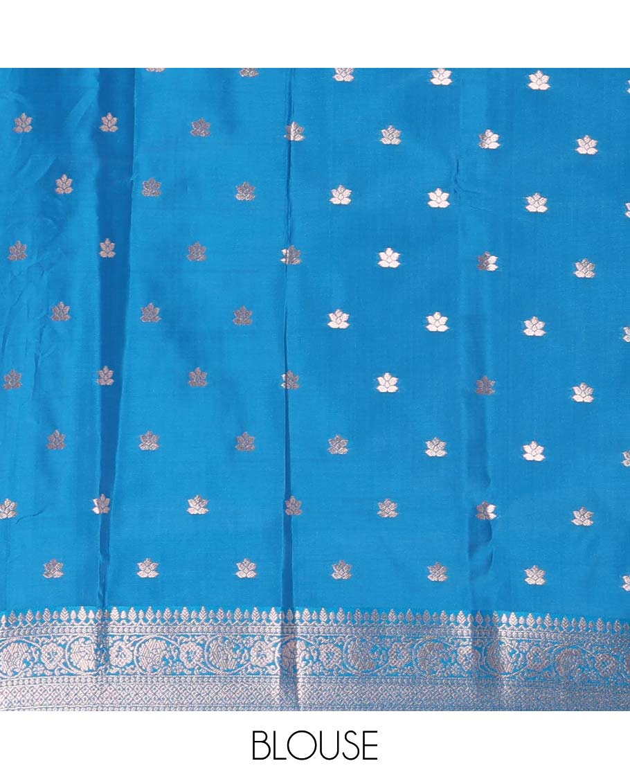 Borderless pink floral motifs steeped elite soft silk saree, contrast lotus-like motifs pallu, and contrast buttas blouse