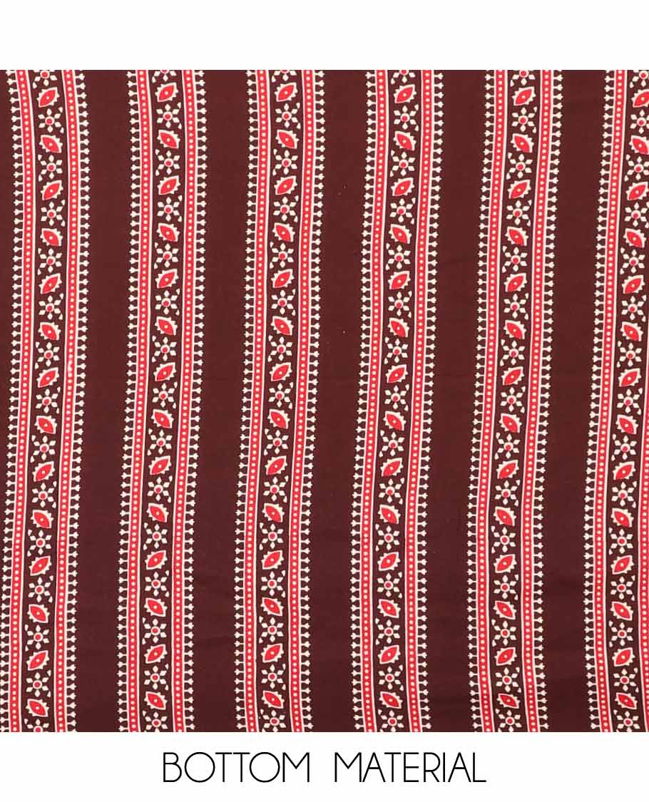 Brown ajrak print rayon chudidhar material top with rayon material printed pant & mul mul votton ajrak printed dupatta