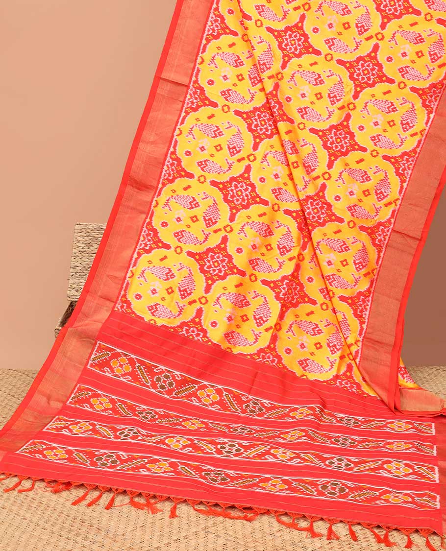 Multi-color fish, floral design ikkat saree with contrast plain border & floral design pallu