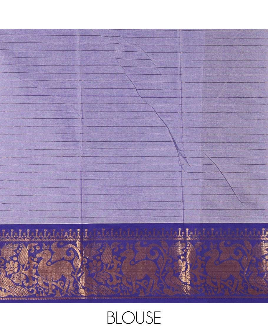 Half-white zari checked semi-taffeta silk saree, contrast deer motifs zari woven border, striped pallu & contrast striped zari border blouse