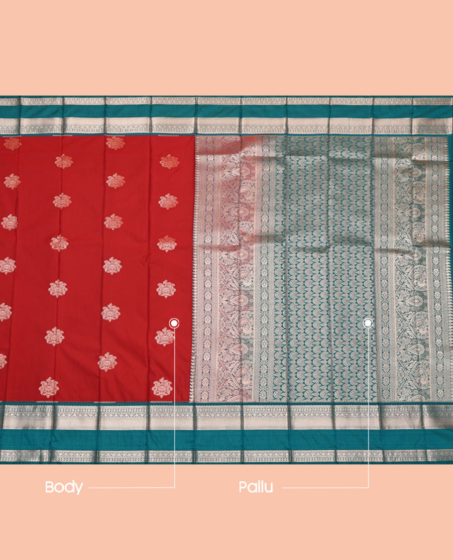 Red Budget Silk Saree, Adorned with Zari Buttas, Complemented by a Contrast Traditional Zari Rettai Pettu Border, Pallu of Intricate Design, and a Contrast Blouse