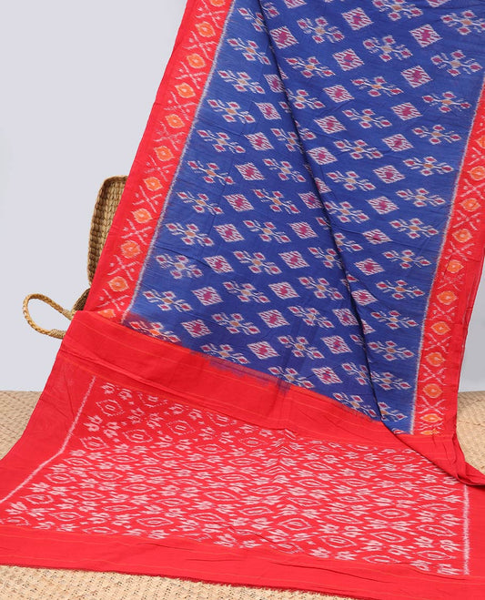 Blue floral ikkat cotton saree with contrast geometric design border & floral design pallu