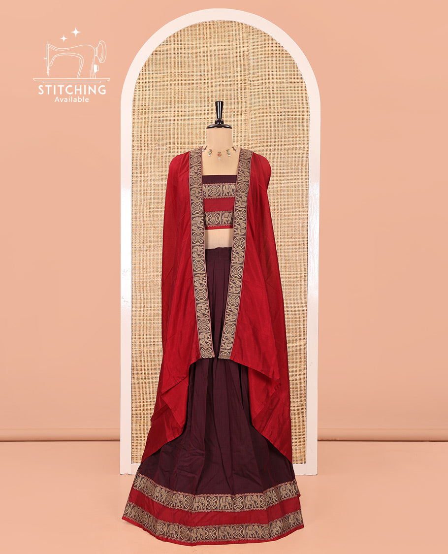 Wine-Red Mercerised Cotton Half-Saree Half-Saree Features Plain with Contrast Rettai Pettu Elephant-Chakram Bordered Skirt, Paired with a Matching Blouse, and Comes with a Contrast Elephant-Chakram-Bordered Dhavani