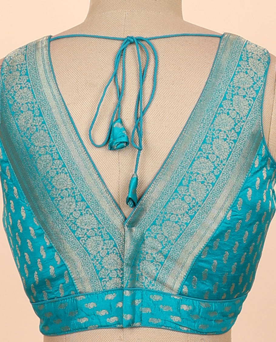 Blue floral zari design front & back deep v-neck raw-silk readymade sleeveless blouse