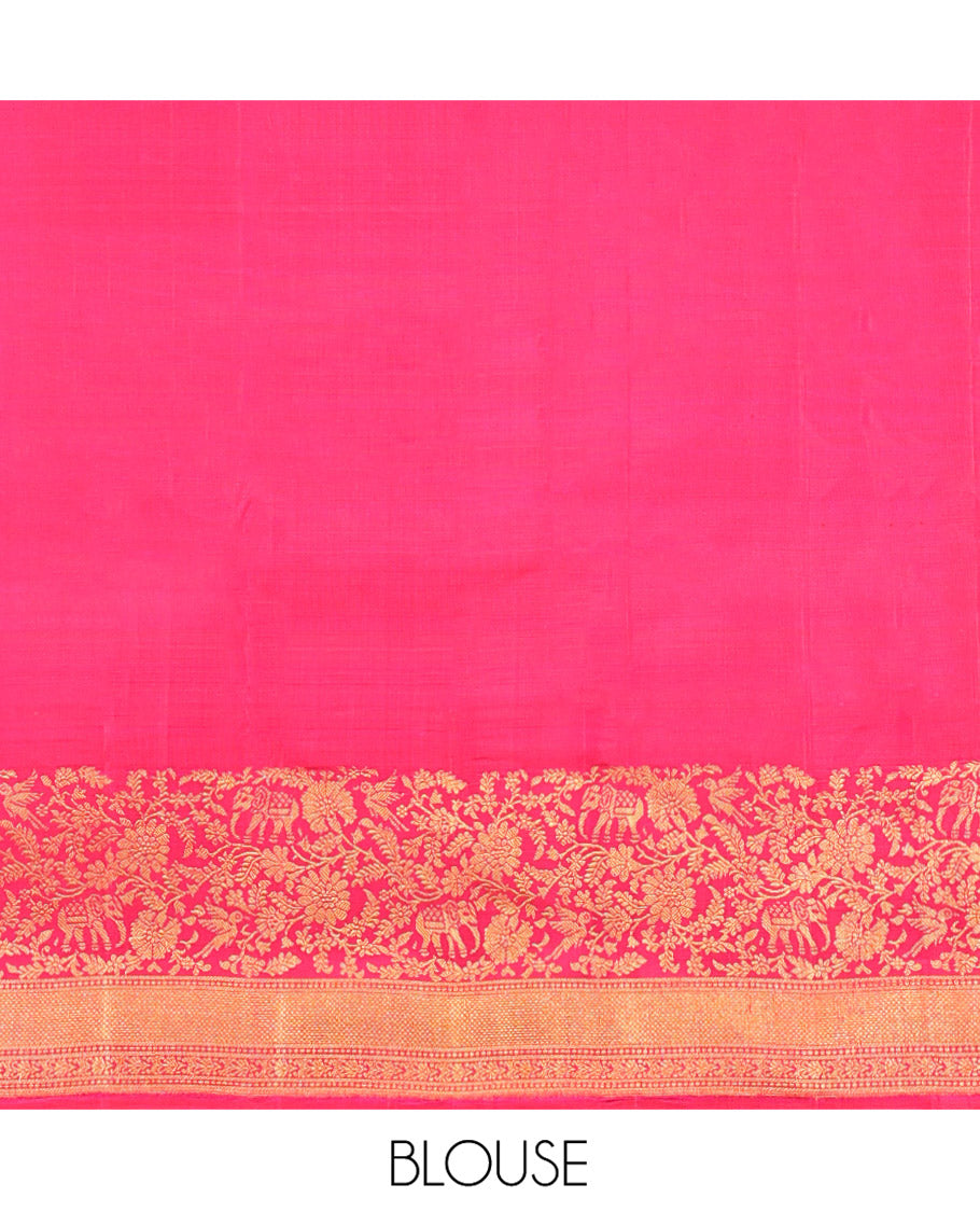 Pink Kanchipuram Designer Silk Saree, Meticulously Woven with Zari Buttas and Flora-Fauna Zari Buttas On Its Body, Highlighted by Traditional Zari Border, Grand Pallu and Paired with a Matching Blouse
