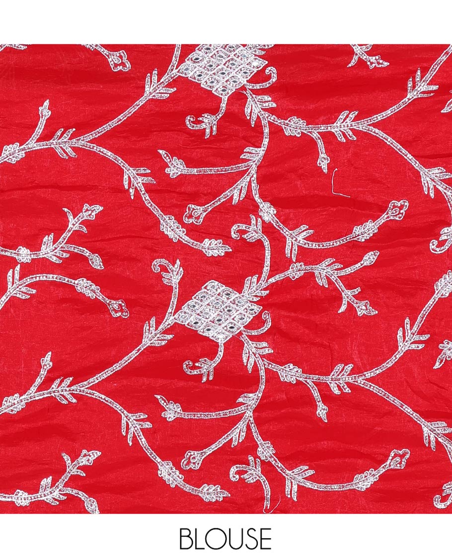 Dazzling Red Designer Saree, Richly Detailed with Floral-Jaal Style Mixed Embroidery on Its Body, Highlighted by Jaal-Patterned Scallop Embroidered Border, Self-Design Pallu, and Paired with a Heavy Embroidered Matching Blouse