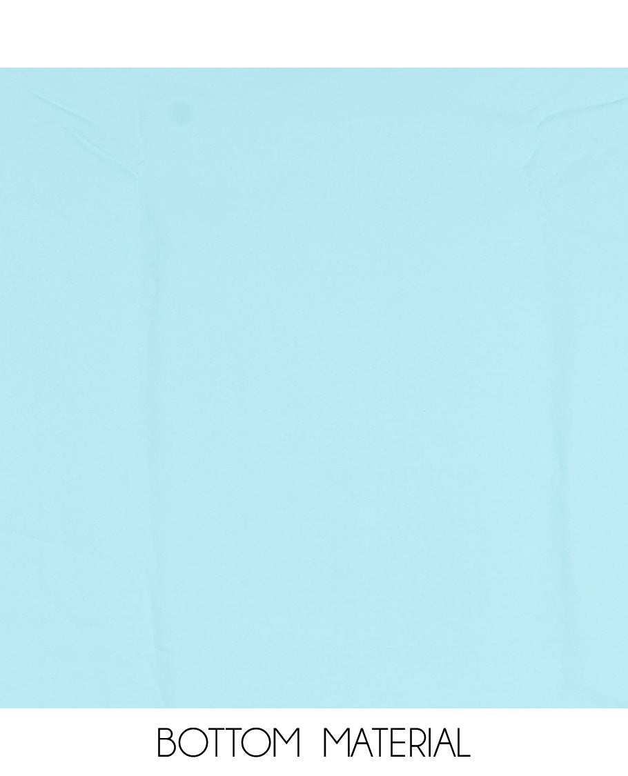 Blue material churidar set, stone work with Schiffli style embroidered georgette top, American Crape bottom, and polka dotted printed mirror work dupatta