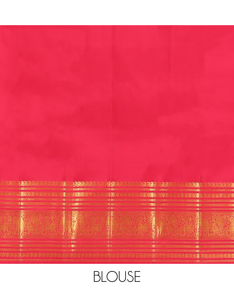 Sandal Kanchipuram Silk Saree, Subtly Woven with Zari Buttas, a Contrast Korvai Border of Manga Mokku, Neli, Poun, Yaali, Yaanai, and Mayil Designs, Intricate Pallu, and a Contrast Blouse