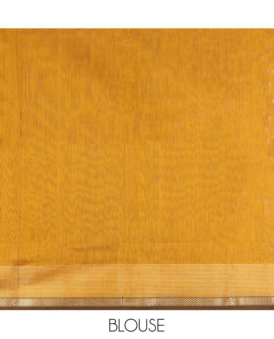 Mustard Maheshwari Cotton Saree, Adorned with Buttas, a Traditional Zari Border, Gleaming Zari Pallu, and a Matching Blouse
