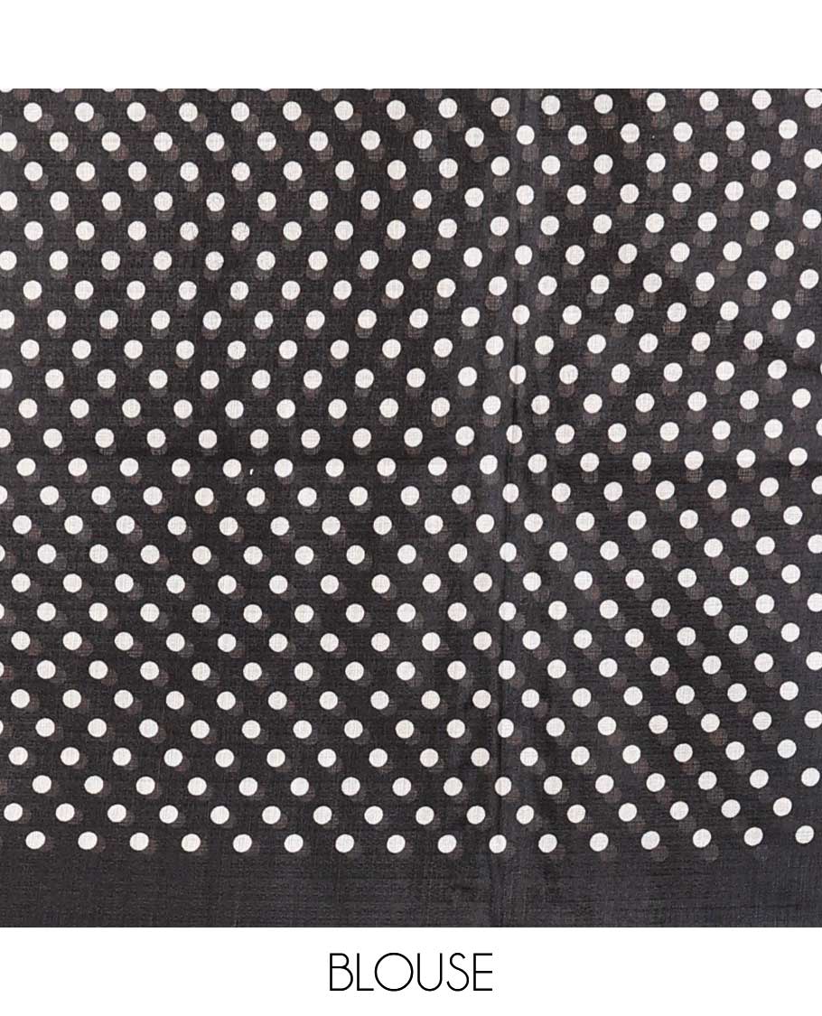 Borderless black printed orchid design semi khadhi saree with printed self, tussels pallu & all over dotted blouse