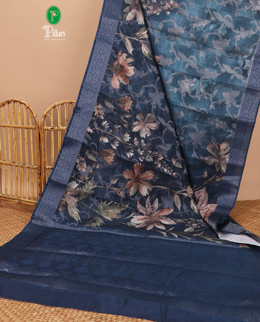 Peacock green floral digital print semi-dupion saree with self zari weaving border