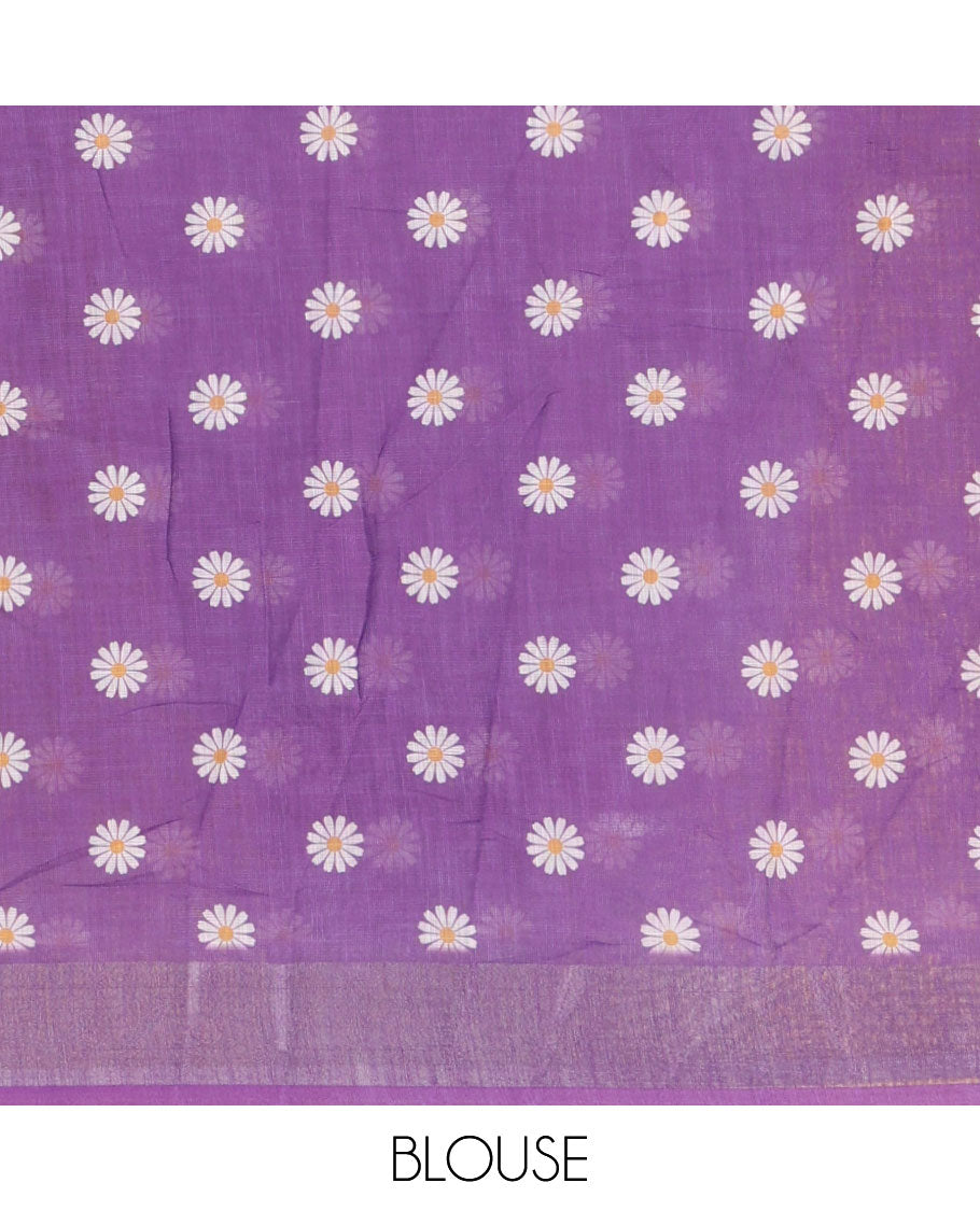 Purple sunflower motif printed linen saree, silver zari plain border & small sunflower motif print blouse