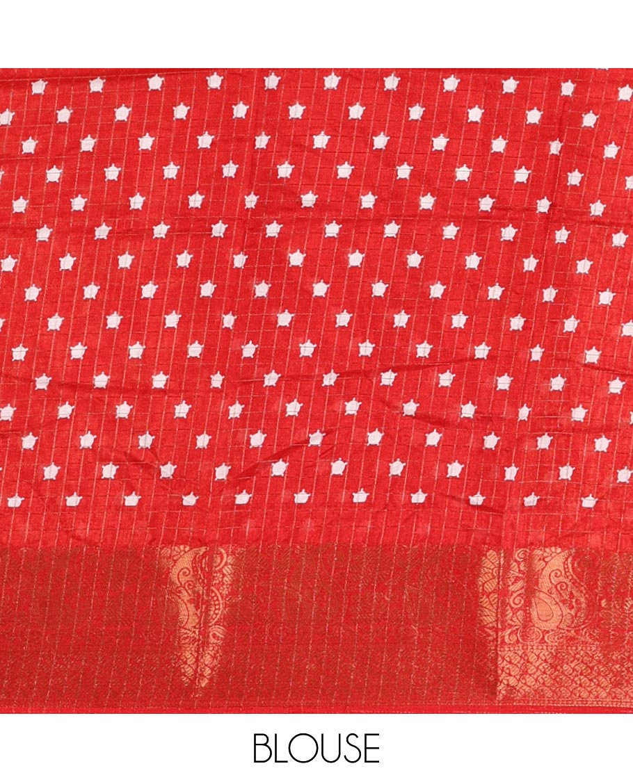 Cream checked & kalamkari-floral & bird dola silk saree, contrast traditional zari red border, kalamkari bird print pallu & printed blouse
