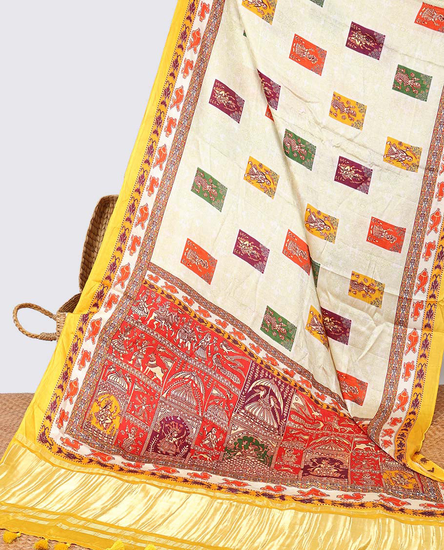 Cream human motifs semi-banaras printed saree with contrast border & wedding design pallu