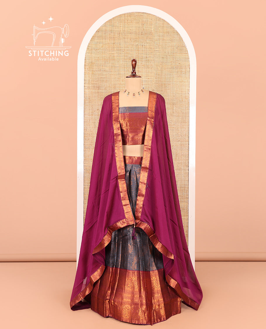 Grey-Wine Semi-Banarasi Half-Saree Features Jacquard Skirt, Contrast Traditional Border, Matching Blouse, and Syska Georgette Dhavani