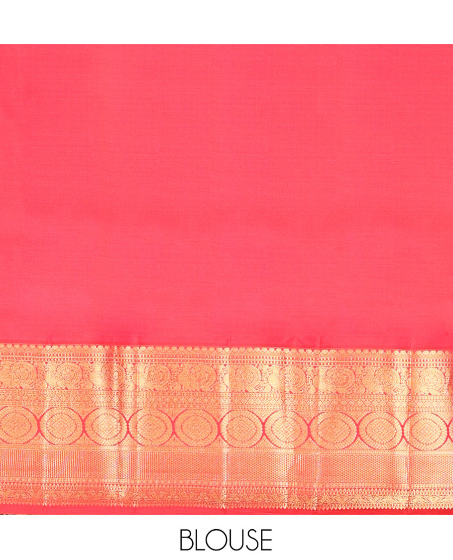 Green Vasundhara Silk Saree, Elevated with Zari Buttas on Its Body, Complemented by a Contrast Border of Thilakam Mokku, Muthu, Ara Maadam, Paisa, Kodi Visiry, and Annam Chakram Designs, Grandly Zari-Woven Pallu, and Paired with a Contrast Blouse