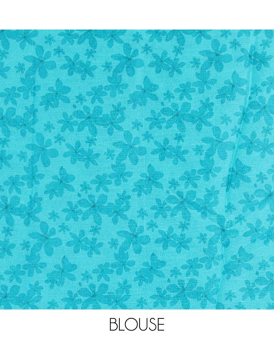 Borderless sky blue plain design viscose saree, flower motifs printed matching blouse