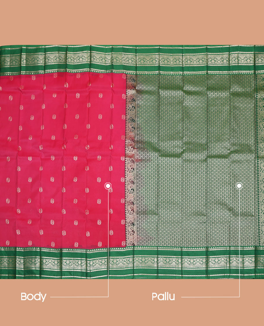 Dark Pink Budget Silk Saree, Adorned with Buttas All Over Its Body, Complemented by a Contrast Traditional Zari Design Border, Pallu Elevated with Scallop Designs, and Paired with a Contrast Blouse