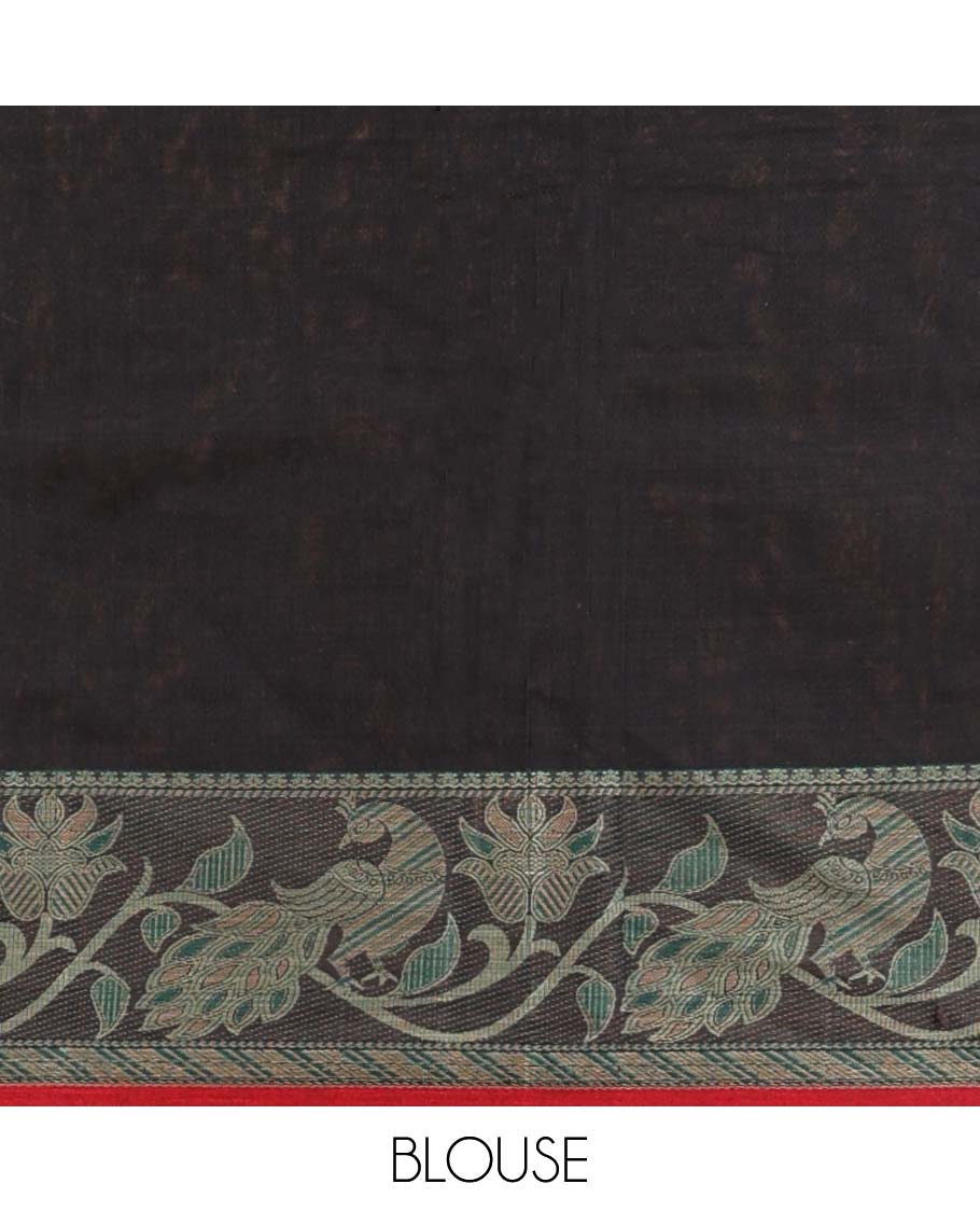 Black plain Narayanapet cotton saree, contrast floral design ganga jamuna border & striped pallu