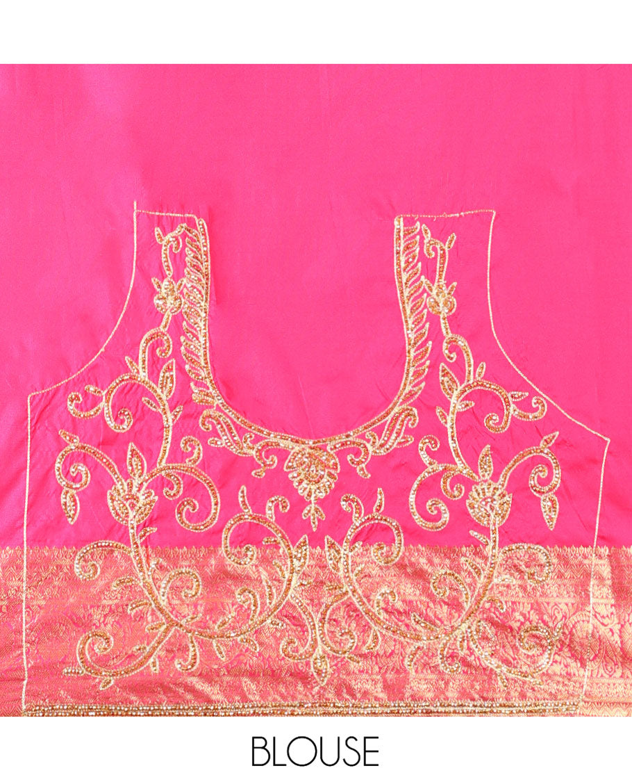 Pink Vastrakala Silk Saree Mesmerized with Jacquard Design and Patch Embroidery All Over Its Body, Highlighted by Traditional Zari Design and Cut Embroidered Scallop Border, Glittering Stone Work Pallu, and Paired with Embroidered Matching Blouse