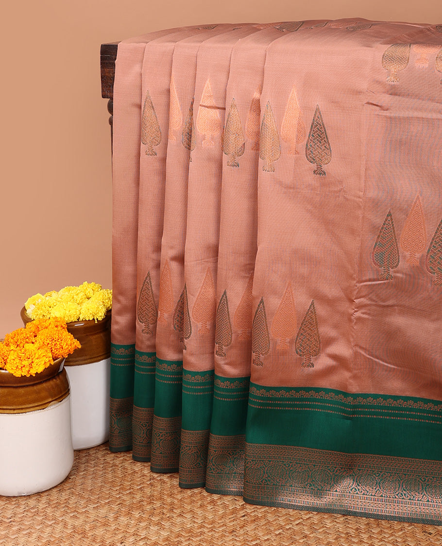 Onion copper zari butta litchi soft silk saree with contrast double pad border & zari butta blouse