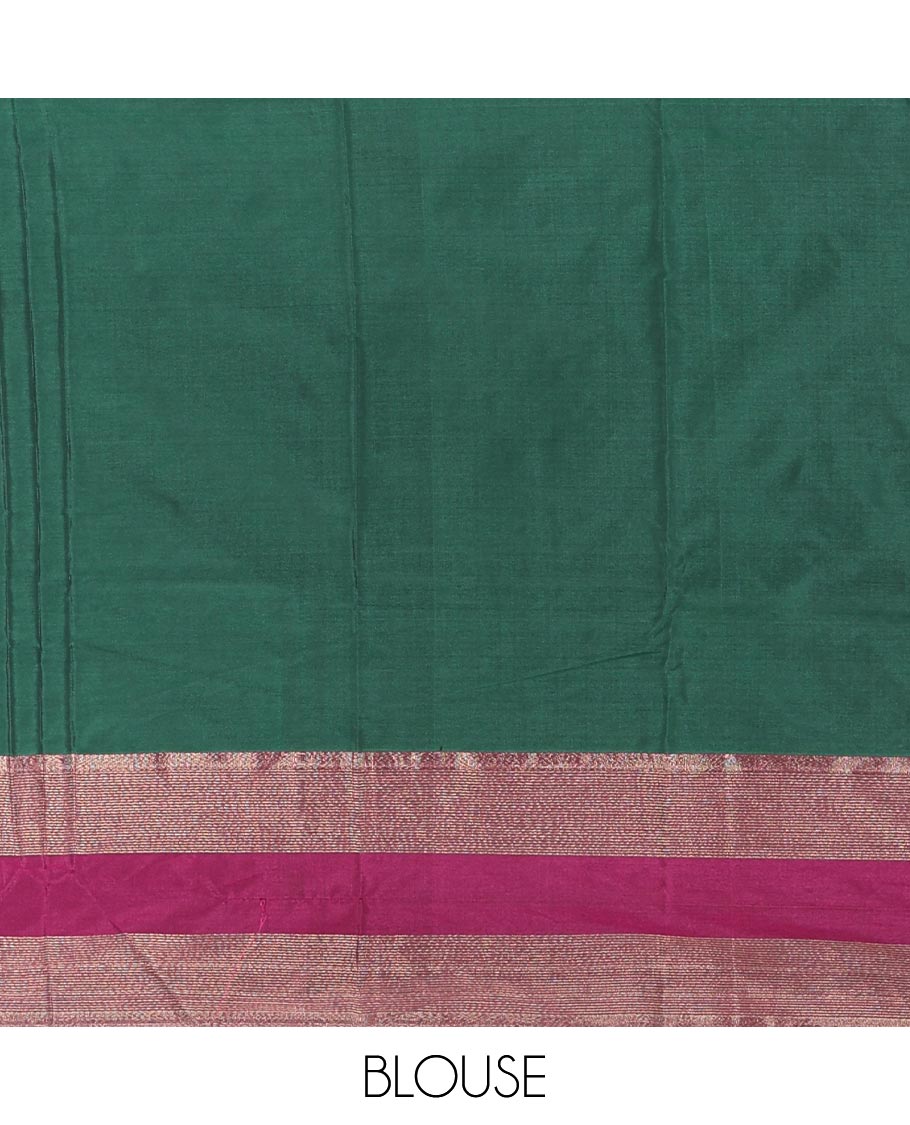 Dark green plain semi-soft silk saree, contrast zari striped border, striped pallu, and matching blouse