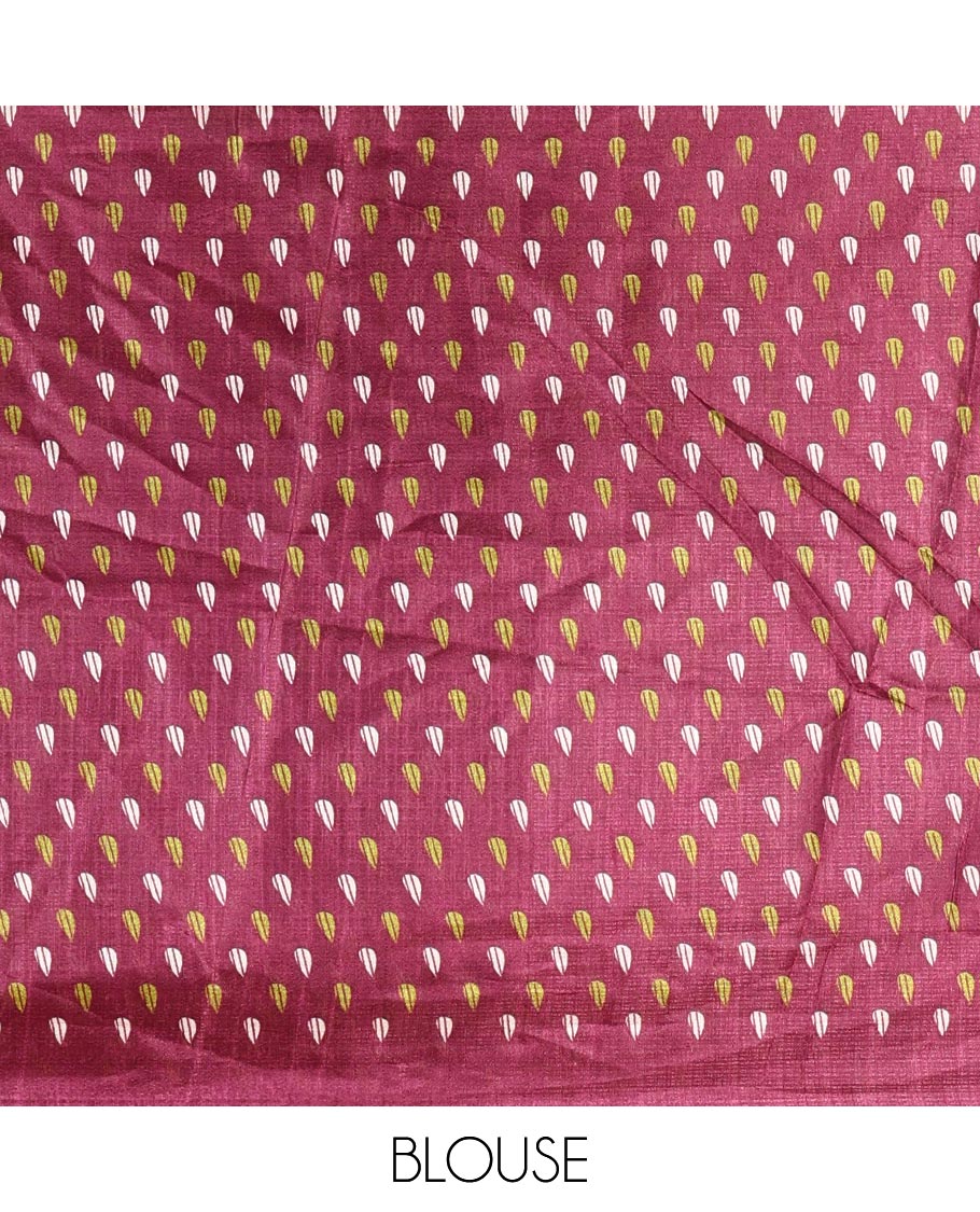 Wine plain khadi cotton saree, floral creeper printed border, and pallu with small buttas printed blouse
