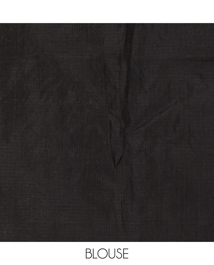 Black all-over red thread floral vine and chakram motifs embroidered Kota chex saree, lace border, and plain black blouse