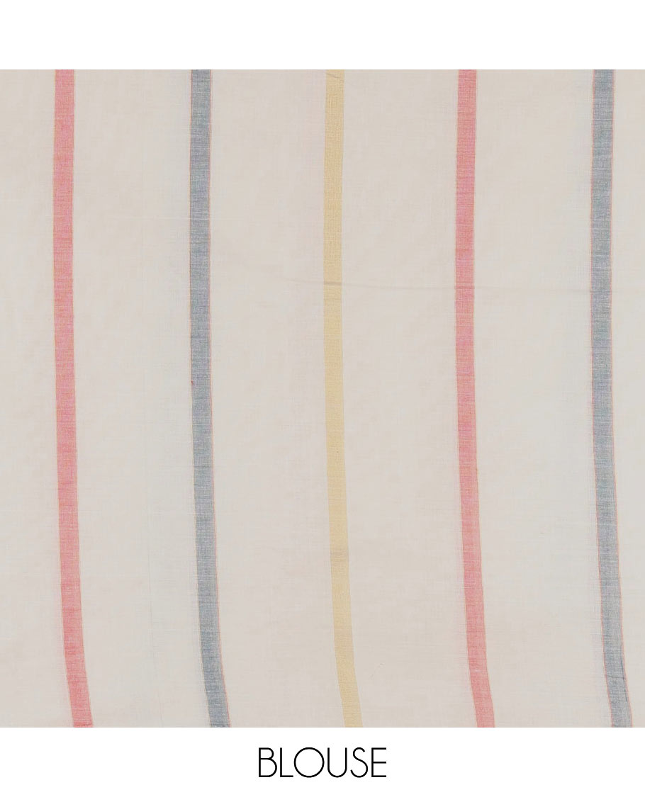 Borderless cream-pink vertical striped Kerala cotton saree, ragkat style pallu, and running blouse