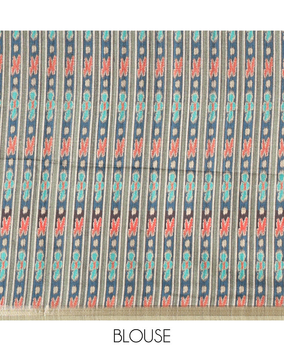 Dark blue Radha motifs printed katan silk saree, contrast temple border, ikkat motifs woven pallu, and contrast printed pallu