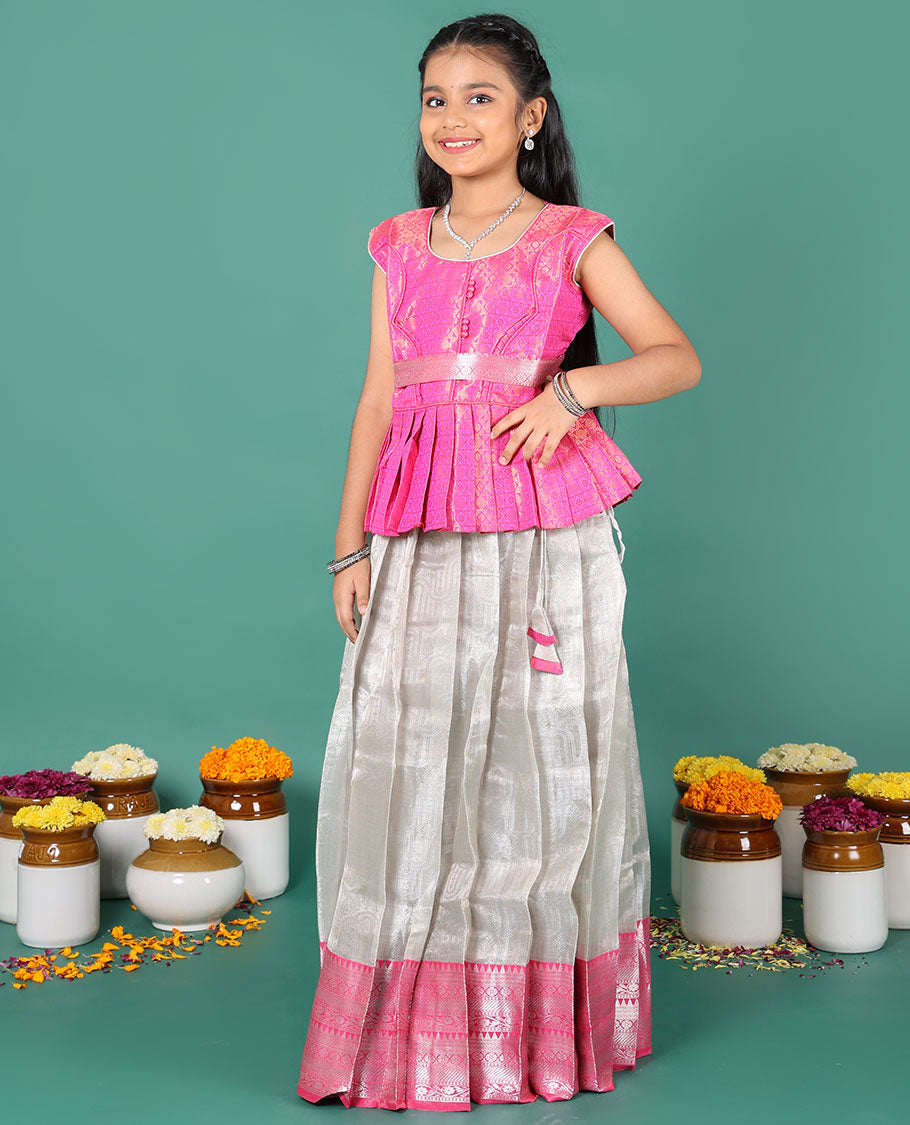 Grey readymade art silk pavadai, plain & contrast traditional zari border skirt & jacquard sleeveless round-neck blouse with belt