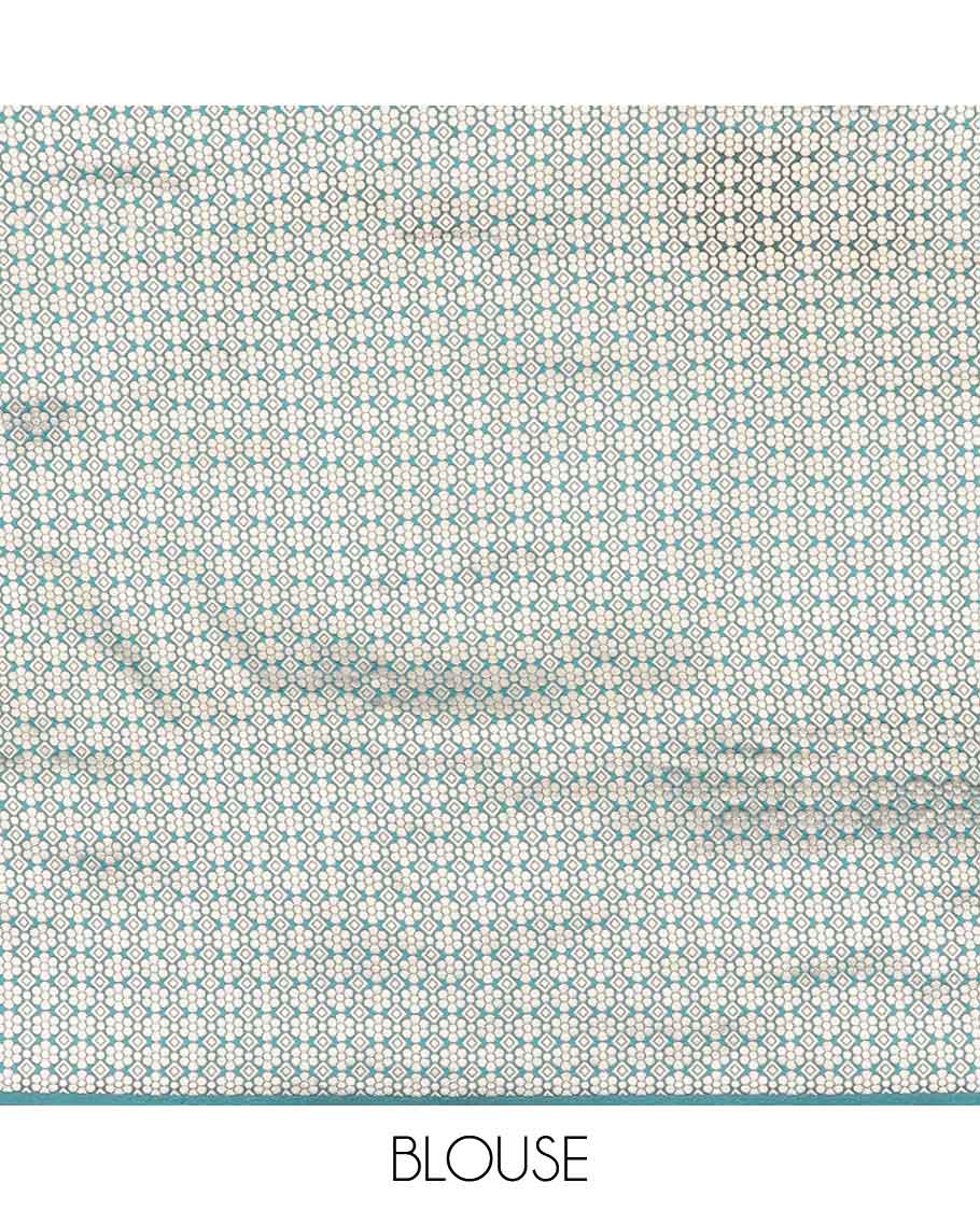 Cream buttas half saree with contrast zari design border, zari design blouse & light blue floral zari design dhavani