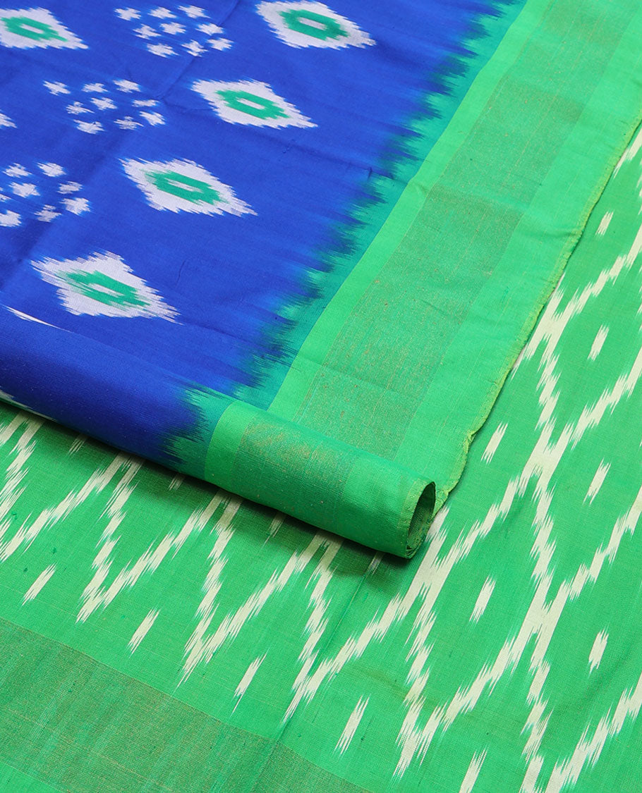 Blue floral design ikkat saree with contrast geometric design border & argyle design pallu