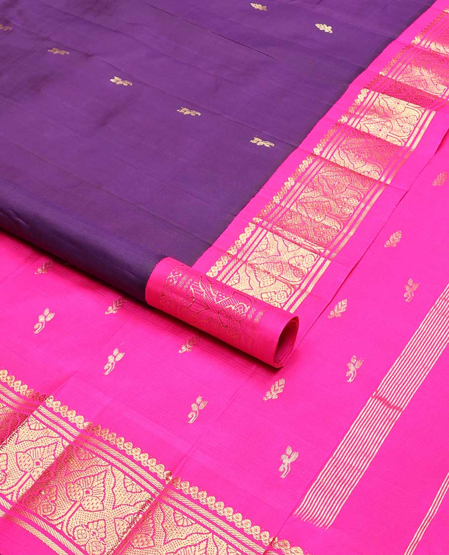 Violet floral buttas kancheepuram silk saree with contrast korvai floral design border & intricate zari design pallu